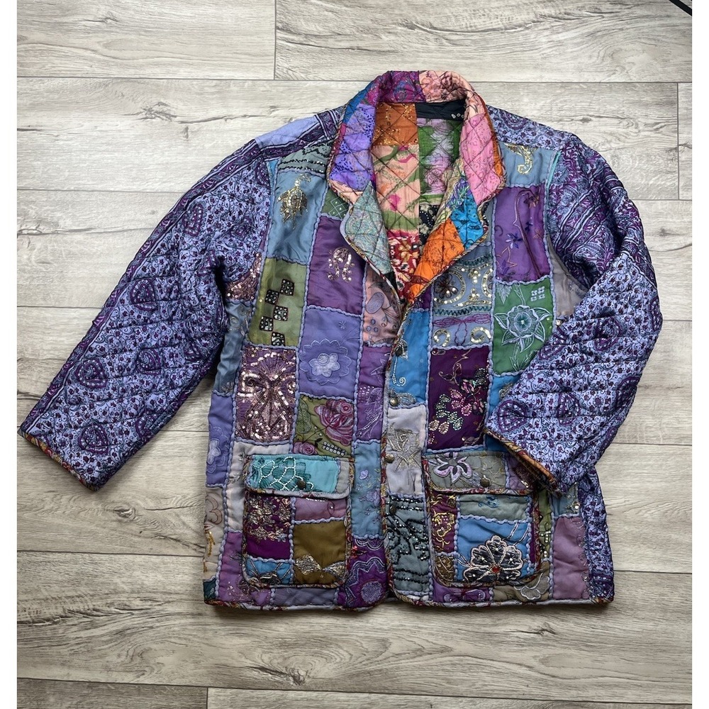 C:eed Jacket Size XL Multicolor Silk Patchwork Beaded Boho Artsy Reversible VTG - Picture 16 of 16